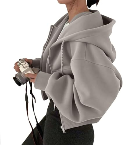 Minetom Damen Hooded Sweatjacke Sweatshirt Mit Kapuze Crop Zipper Hoodie Mit Reissverschluss Sport Kurze Jacke A Grau S