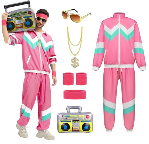 rumnigh Costume anni '80 anni '90 con elegante tuta da ginnastica per uomini e donne, anni '80 da discoteca hip hop per Halloween e feste di carnevale, Colore: rosso, XXL