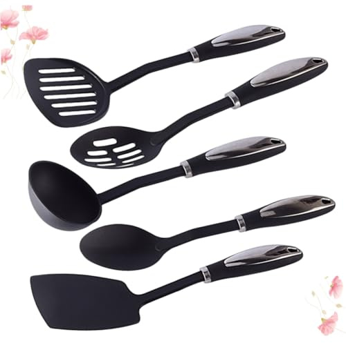 TOPPERFUN Utensili da Cucina in Nylon con Manico in Acciaio Spatola Antiaderente Mestolo e Cucchiaio per Uso Prolungato Facile da Colore Nero