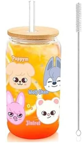 yumcute 500 ml Glasbecher Set mit Deckel & Glas-Strohhalm Bubble Tea Trinkglas für Eiskaffee, Smoothies, Cocktails & Kalte Getränke Kpop Fanartikel Geschenk mit Reinigungsbürste