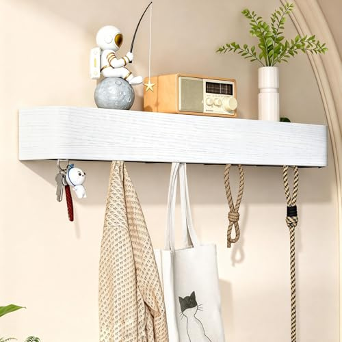 WoRaum Wandgarderobe Holz mit Versteckten Haken & Ablage, 80x10x7.5cm Garderobenleiste Wandmontage, Minimalistischer Stil für Schlafzimmer, Wohnzimmer & Flure (Weiß,A02)