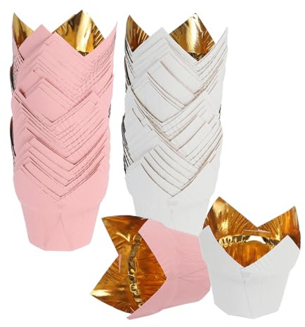 QUARKZMAN 50 Pcs Moldes Para Hornear Con Diseño De Tulipán Para Cupcakes Muffins Hechos De Papel Envoltura Antiadherente De Aluminio Para Bodas Fiestas Navidad Dorado/Blanco Dorado/Rosa