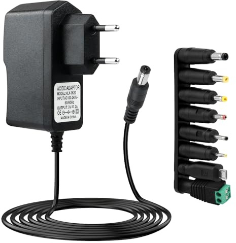 Adaptador 9V 2A Universal, Fuente Alimentacion CA 220V 230V a CC 9V 2000mA | 1500mA 1000mA 500mA 5,5*2,1mm con 8 Conectores Transformador CA/CC 100-240v 50-60Hz para Tiras LED Cámaras CCTV Router TV