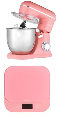 Salter British Bakes Stand Mixer & Scale Set – Electric Food Whisk with 5 Litre Bowl & 10 Speeds, High Capacity 10kg Waterproof Digital Glass Baking Scale, Tare Function, 1g Precision, Pink | Stainless Steel Bowl, Whisk Dough Hook Beater Attachments, Splash Guard, Digital Glass Scale, 10kg Capacity, 1g Accuracy
