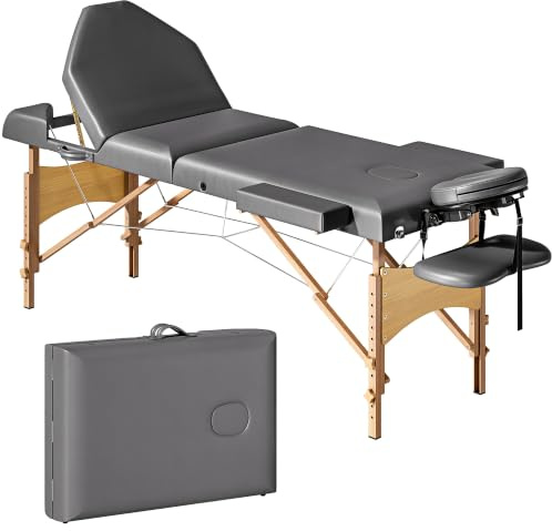 HOMCOM Table de Massage Pliante 3 Zones Hauteur Réglable 185 x 60 cm Gris | Lit de Massage Portable, Dossier Réglable, Appui-Tête, Accoudoirs, Repose-Bras, Table Esthétique Tatouage, Bois de Hêtre