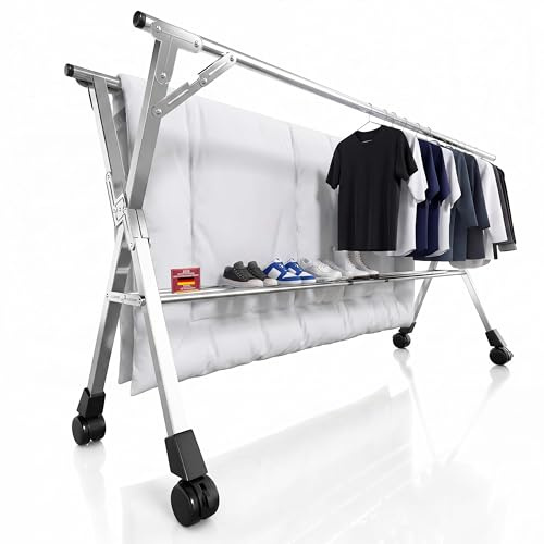 Wäscheständer 240 cm, Faltbarer Kleiderständer für drinnen und draußen, Wäscheständer zusammenklappbar, Wäscheständer aus robustem Edelstahl, Kleiderständer mit 20 Haken und 12 Klammern (240cm)