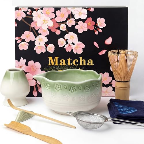 Dazhtu Matcha Kit 8 piezas, Kit Té Matcha Con diseño de sakura, Cuenco Matcha, Batidor Matcha, Cuchara, Tamiz, Soporte para Batidor, Kit Matcha Completo Regalo para Amantes el Matcha(Gradiente Verde)