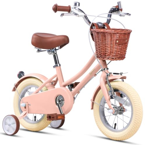 glengo Bloom 12 14 16 18 20 Zoll Retro Mädchenfahrrad für 2-13-Jährige, mit Weidenkorb und Stützrädern, Rosa/Grün/Pfirsich/Gelb