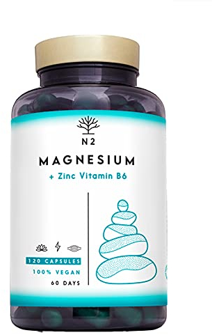 Magnesium Hochdosiert Kapseln Zink Vitamin B6 Komplex | Muskelfunktion, Energie, Verringerte Müdigkeit | Schlaf Supplement | Hoch Bioverfügbar. 120 Kapseln. Vegan. EU N2 Natural Nutrition