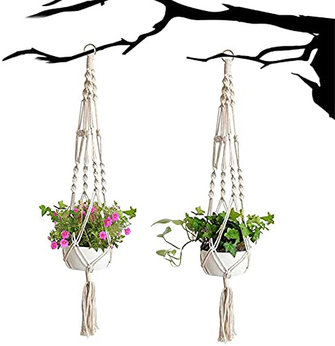 2 pièce Suspension Corde Plante Macramé, corde de coton panier de fleurs en macramé suspendu brindille planteur de suspension de fleurs pour décoration de la maison, jardinage de bureau, 4 jambes