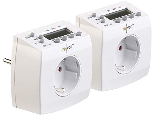 revolt Timer Steckdosen Digital: 2er-Set kompakte digitale Zeitschaltuhren mit LCD-Display (Tages Zeitschaltuhr Digital, Wochenzeitschaltuhren Digital, Zeitschalt)