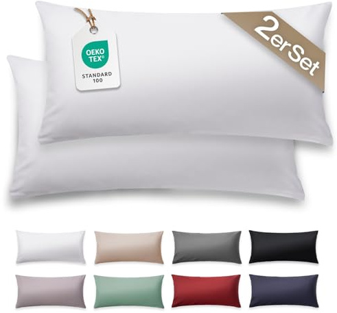Blumtal Mako Satin Kissenbezug 40 x 80 Baumwolle Weiß - 2er Set Kissenbezüge aus 100% Baumwolle - edle Glanzoptik & Reißverschluss - Satin Kissenbezug für Kopfkissen 40x80 & Sofakissen
