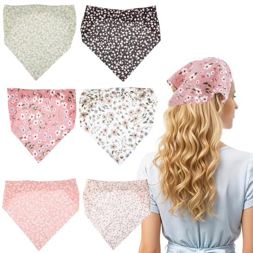 Beavorty 6 Stück Damen Kopftuch Dreieckstuch Set, Boho Elastisches Haarband mit Blumenmuster, Retro Haarschal Bandana für Sommer Strand & Yoga, Vintage Kopfbedeckung Haarzubehör für Frauen