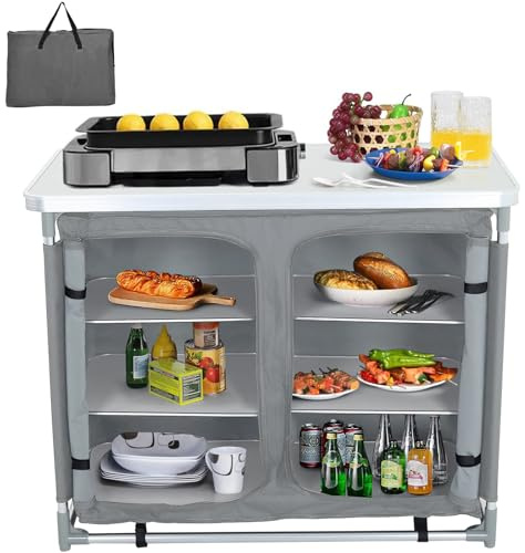 Warmiehomy Folding Camping Storage Unit Portable Camping Kitchen Unit, Camping Cupboard with Aluminium Frame, 1 double cupboard, Grey,100×50×80cm