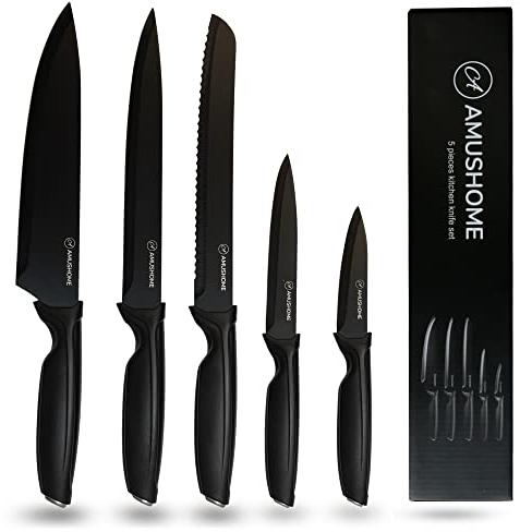 Professional Kitchen Knife Set for Cooking, 5pcs Stainless Steel Blade Sharp Kitchen Knives Set with Ergonomic Handle, Chef Knife, Utility & Paring with Non Stick Coating & Dishwasher Safe, Black