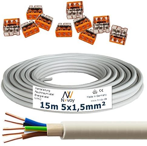 NYM-J 5x1,5 mm² 15m Mantelleitung Installationskabel mit 10 Stück WAGO Klemmen M130