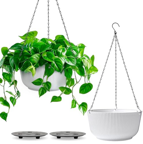 T4U Pots de Fleurs Suspendus 20 cm (8 Pouces), Pots de Fleurs d’Intérieur pour Plantes, Pot Suspendu Blanc avec Drainage, Design Strié, pour Amateurs de Plantes, Balcon et Maison, Lot de 2