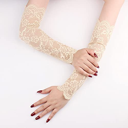 Wambere Damen Kühlung Arm Ärmel,Spitze Lange Handschuhe Arm Sleeve Sonnenschutz Ärmel Spitzen Ärmlinge Stulpe Fahrradhandschuhe Ellenbogen Handschuhe für Radfahren,Laufen,Golf,Fahren,Beige