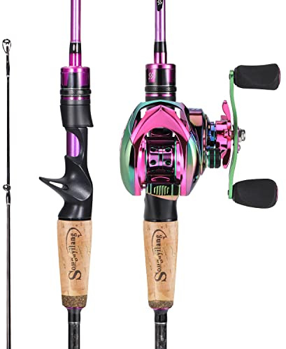 Sougayilang Canne de casting et moulinet, combo, 1,8 m/2,1 m MH avec moulinet Baitcasting, Combo 2 sections Baitcaster 2.1A150R