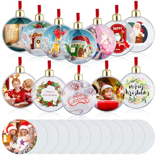 Hotop 12 Stück Foto Ornament Kugel Weihnachten Sublimation Rohlinge Fotorahmen Ornamente Weihnachtsbaum Hängende Fotokugel Dekoration DIY Kunststoff Fotokugeln für Weihnachten Valentinstag Dekor