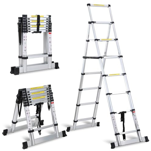Uggleke teleskopstege vikbar stege 2 + 2,3 m aluminiumstege bärbar halkfri utdragbar stege 6 + 7 steg, 150 kg lastkapacitet, utdragbar stege, multifunktionsstege, hushållsstege, trappstege
