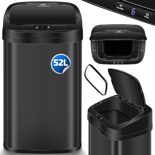 KESSER® Cubo de Basura de Cocina automático con Sensor de Movimiento, Panel táctil y Sensor, Pantalla LCD, Acero Inoxidable, Incluye Soporte para Bolsas de Basura, 52 litros - Negro