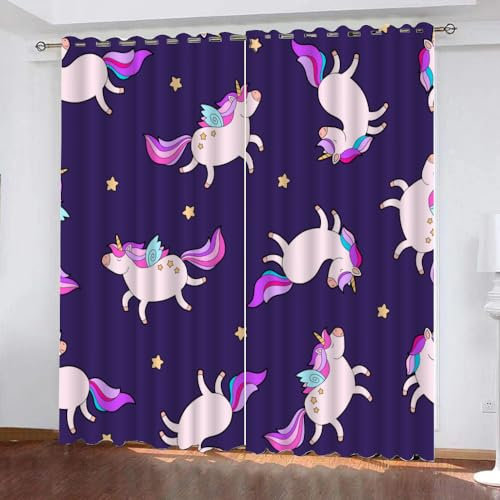 GIOVIA 3D Einhorn Gardinen Abdunkelnde Sterne Einhorn Kindervorhänge Vorhang mit ösen 2er Set Vorhänge Blickdicht Verdunkelungs für Kinderzimmer Schlafzimmer Wohnzimmer B 140 X H 160 cm