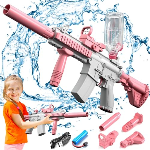 Wasserpistole Elektrisch, Wasserpistole Erwachsene, Max Range 32 FT Range Automatische Wasserpistole, Wasserflasche Angeschlossen Werden kann Wasserpistole für Sommer Strand Schwimmbad- Rosa