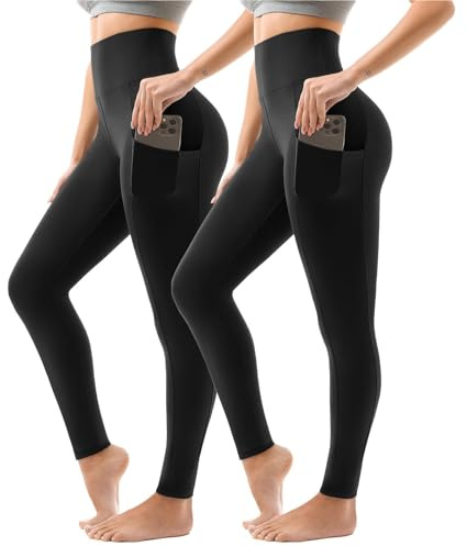 Sanpetix Leggings Deportivas para Mujer de Cintura Alta, Pantalones Largos de Deporte con Bolsillos para Gimnasio y Yoga, Pack de 2, SM, Negro/Gris, Negro , S-M