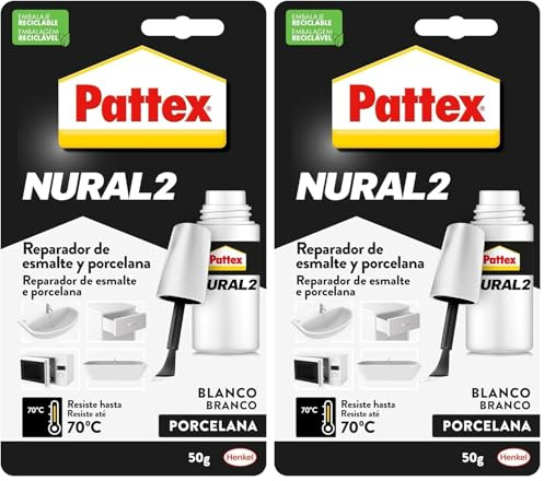 Pattex Nural 2 Reparador de esmalte y porcelana, esmalte permanente blanco para desconchados, golpes y rozaduras, esmalte profesional con múltiples aplicaciones, 1 x 50 g (Paquete de 2)