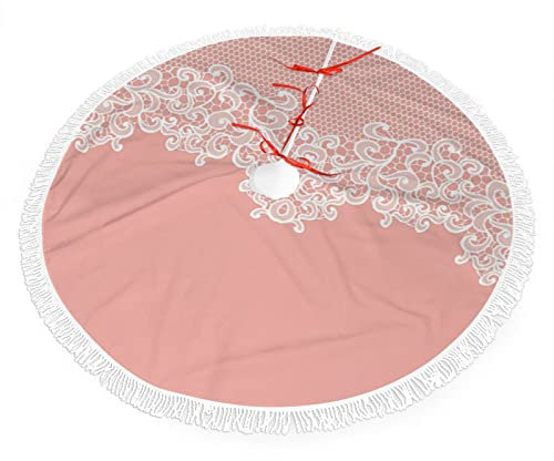 Tema de boda, falda de árbol de Navidad con borlas con cordones, diseño de encaje, fondo floral de boda, para decoraciones y adornos de árbol de Navidad, rosa melocotón, blanco, 76 cm
