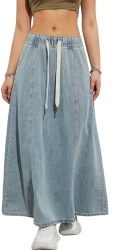 yoeasy Gonna da Donna in Denim Elastica a Vita Alta con Coulisse Casual fluida Swing A-Line Lunga Maxi Svasata Gonna in Denim, Azzurro Chiaro, L