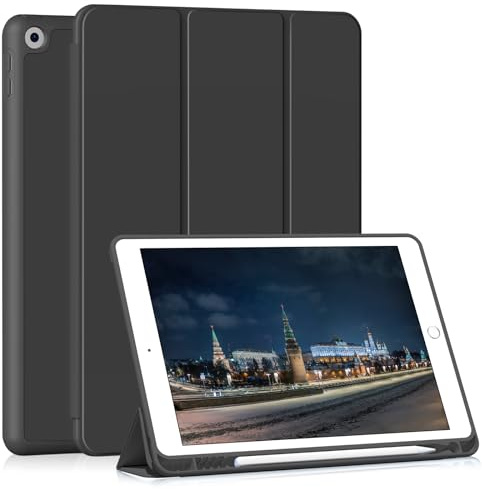 HMTDIYOU Hülle für iPad 9./8./7. Generation 10,2 Zoll, Schwarz | Schutzhülle mit Stifthalter für iPad 9. 8. 7. Gen 2021 2020 2019, Automatisches Schlafen/Aufwachen, Weiche Silikon Hülle