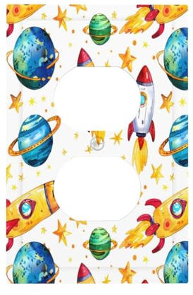 Mexpekil Cartoon Space Planets Rockets Light Switch Cover, 1 Gang Single Duplex Wall Plates, Decorative Outlet Covers Switchplate for Home Office