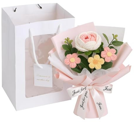 BAGUBDR Crochet Flowers,Crochet Flower Bouquet Knitted Flowers Handmade Roses For Women Birthday Home Decoration Mother's Day Valentine's Day Romantic Gift For Women On Anniversary (Pink)