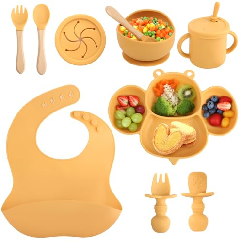 Set Repas Bébé,Silicone Antidérapant avec Ventouse, 8 pièces : Assiette Bebe Ventouse, Assiette pour Enfant avec Ventouse, Gobelet en Silicone, Cuillère, Fourchette, Bavoir, Gobelet, Jaune