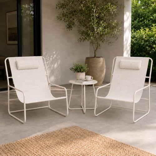 Brooklyn 3-Piece Outdoor Bistro Set – Stylish Light Grey Metal Lounge Chairs with Headrests & Compact Side Table – Weather-Resistant Patio Furniture for Balcony, Conservatory & Garden