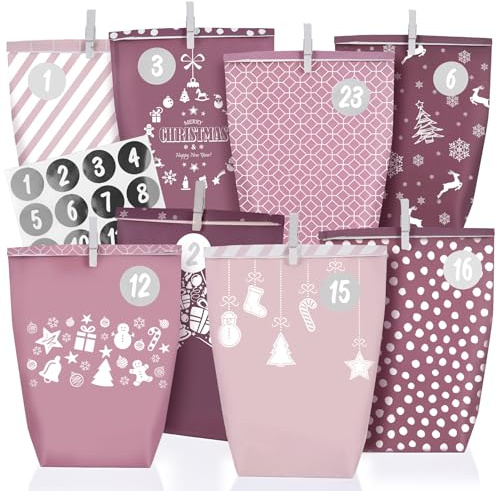 Adventskalender Tüten zum Befüllen, Weihnachtskalender Papiertüten zum Selber Basteln, rosa Stil, 24 XXL Geschenktüten für Kinder frauen mädchen,Wiederverwendbar