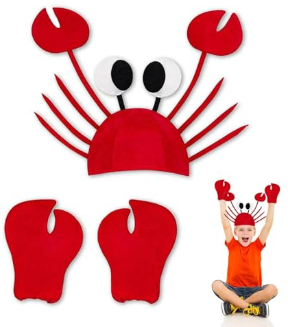 Vexilon Adjustable Crab Lobster Hat Crab Costume, Under the Sea Costumes Funny Hats for Adults and Kids, Lobster Costume for Halloween Christmas Easter Birthday Party Cosplay Props with Claws Gloves