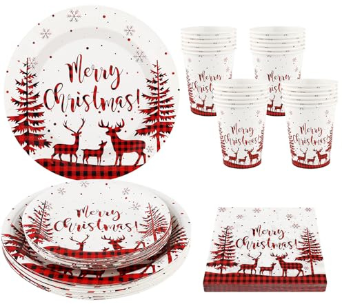 Kalolary Christmas Tableware Set, Paper Plates and Napkins Sets Red Buffalo Plaid Pickup Truck Xmas Tree Party Decorations Dinnerware Set (Red Deer and Tree)