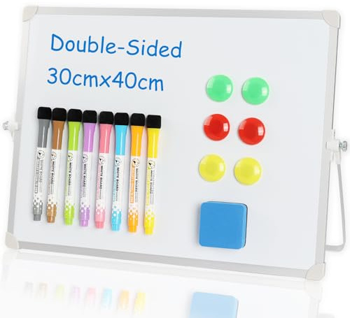 Dry Erase Small Whiteboard A3, 40 x 30 cm Double Sided Magnetic Desktop White Board with Stand, 8 Pens, 1 Eraser, 6 Magnet, 1 Pen Clip, Portable Writing Easel for Drawing, Planning, to Do List, Memo