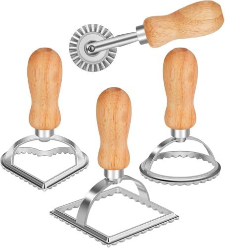 WSTELHH Ravioli Stamp Set, Ravioli Maker Cutter Stamp, Ravioli Stamp Maker Cutter with Roller Wheel Set, Pasta Press Round & Square & Heart Shape Ravioli Mold, 3 Set and Cutter（4pc）