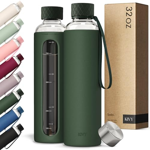 KIVY Botella de agua de vidrio con funda de silicona de 32 onzas, con | Botella de agua de vidrio de borosilicato con tapa de rosca, botellas transparentes con marcado de medición, estética delgada