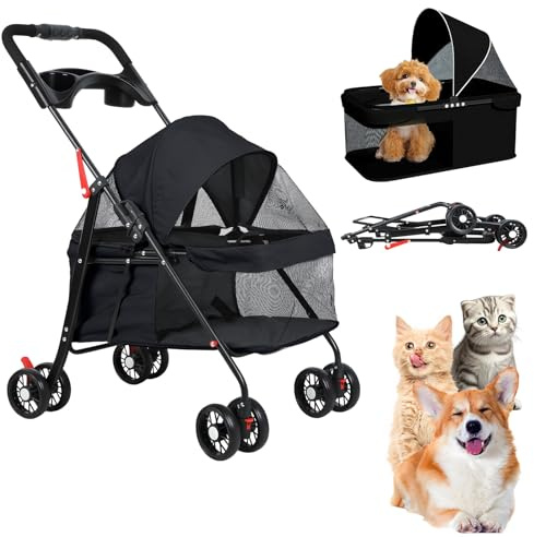Folding Pet Stroller for Small Dogs & Cats, One-Click Folding, Adjustable Handle, 7.5kg Capacity, Breathable Mesh, Cup Holder, Smooth Wheels with Rear Brakes, Ideal for Outdoor & Travel Black