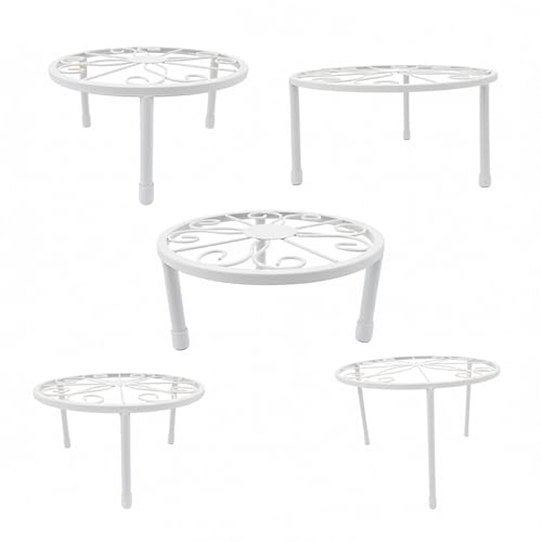 Relaxdays Blumenständer, 5-teiliges Set, rund, belastbar, H: 8–20, D: 17–30 cm, dekorative Pflanzenständer, Stahl, weiß