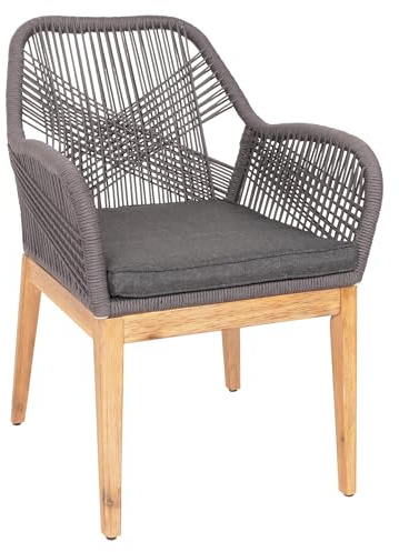 PROREGAL Gartenstuhl, HxBxT 85x58x59 cm, Sitzhöhe 47cm, wetterfest Seilgeflecht Rope Holz Akazie, Grau Kissen Anthrazit, Sessel Outdoor Stuhl