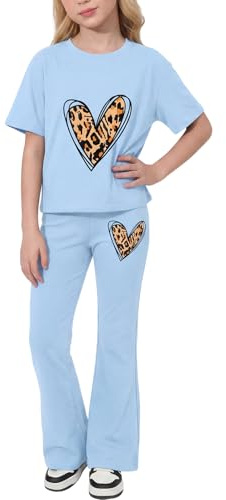 Valcatch Girls Clothes Tracksuits Set 2 Piece 8-12 Years | Activewear Tshirt and Flared Leggings Featuring Cute Heart Bow Print on Breathable Soft Fabric for School Gym Street Dance