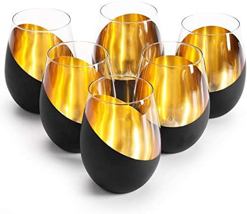 HOMSPE Set di 6 bicchieri da vino senza stelo dal design moderno, nero opaco e oro, 510 g, design inclinato
