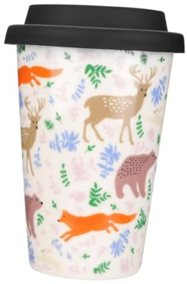 LIFKOME Taza de Cerámica sin Asa para Navidad con Tapa de Silicona y Cuchara, Taza de Café Navideña para Fiestas y Regalos, Vaso Resistente para Bebidas Calientes y Frías, Color Aleatorio