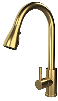 Flode Pull Out Kitchen Sink Mixer Tap – Brushed Brass – High Arc Swivel Spout with Pull-Out Spray Head – Single Lever Monobloc Kitchen Tap